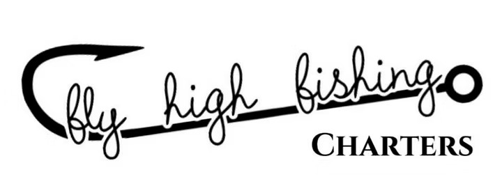 The Fly High Fishing Charters name in script, drawn along the shank of a fish hook