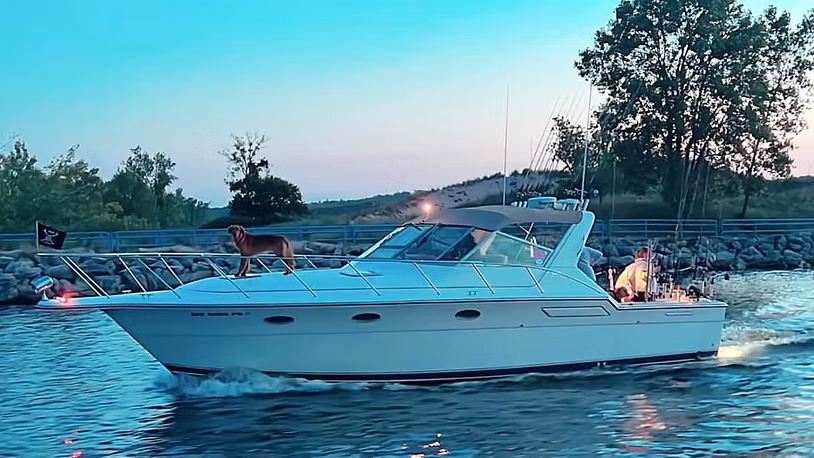 A white sportfisher idling out of the channel at dusk with a dog standing watch on the bow